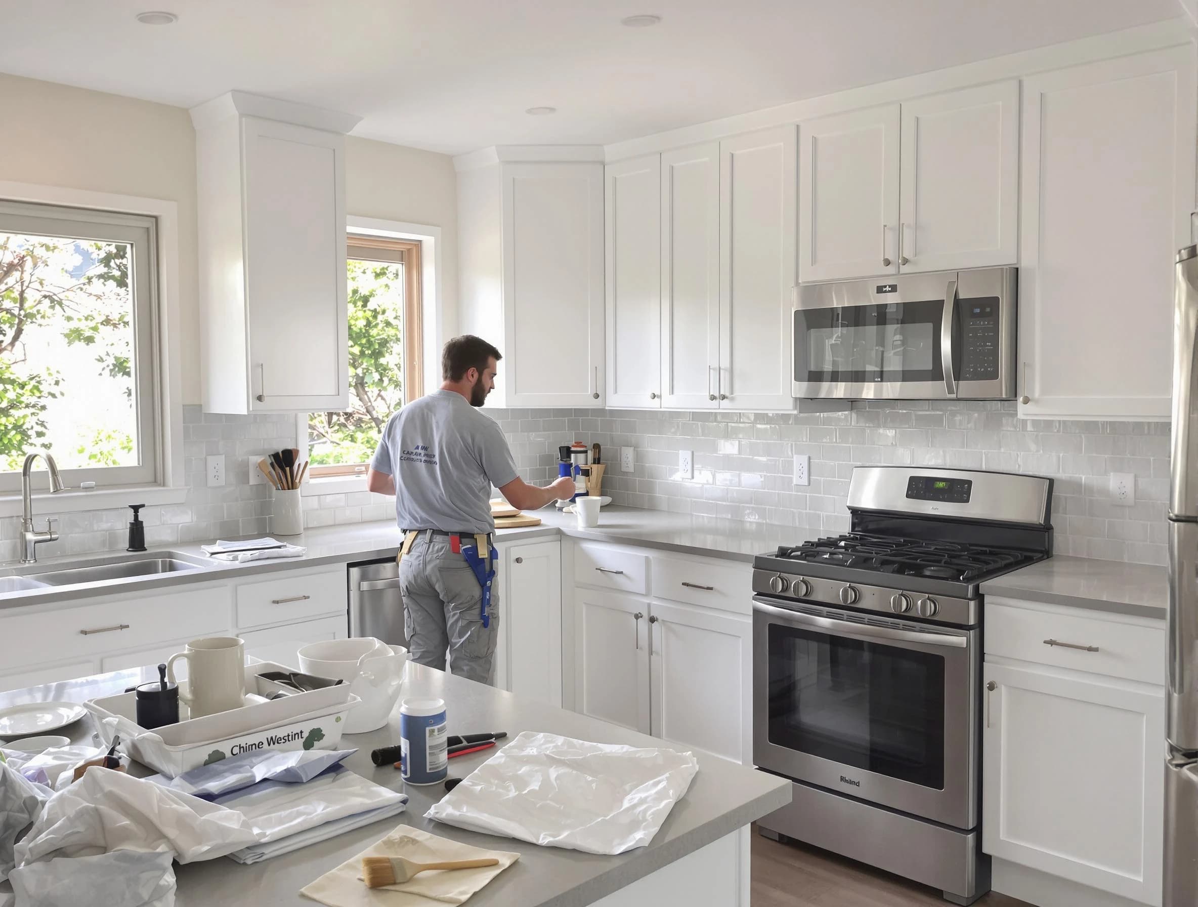 Parma House Painters applying fresh paint on kitchen cabinets in Parma