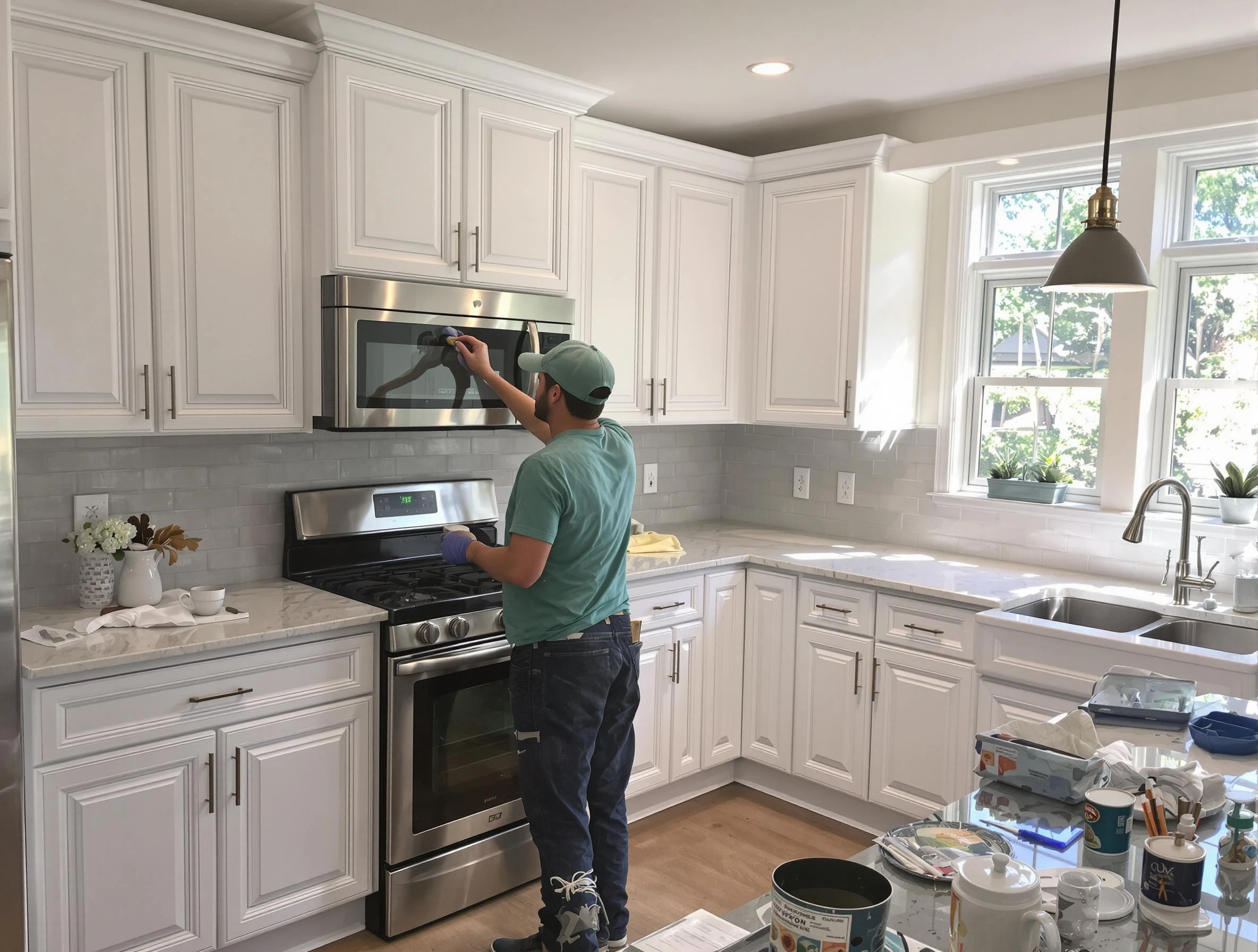 Kitchen cabinets being refinished by Parma House Painters in Parma, OH
